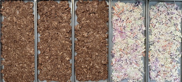bbq pulled pork and slaw on freeze dryer trays