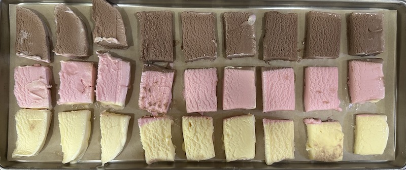 Neapolitan ice cream cut up and on freeze dryer trays